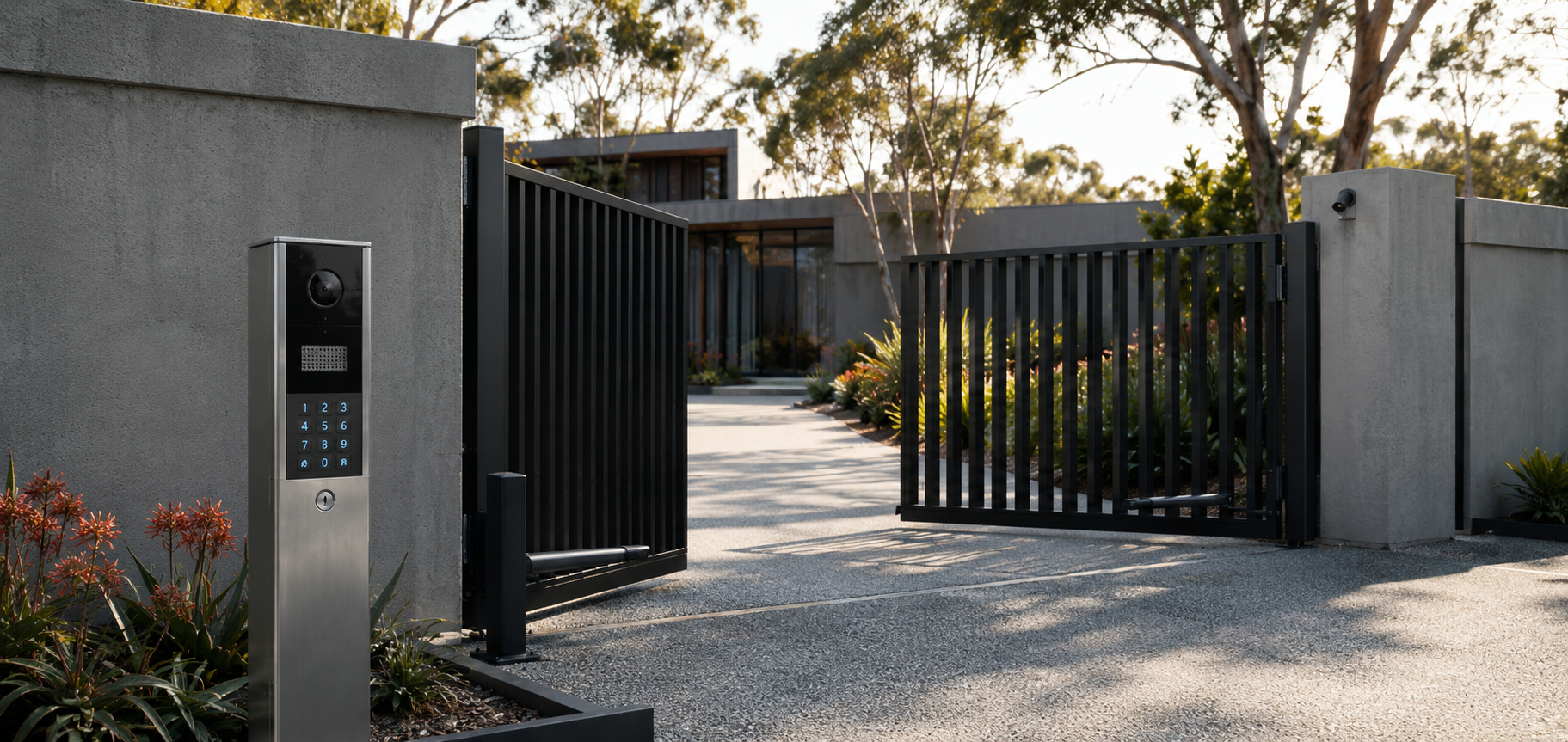 Automatic swing gate with video intercom, keypad and security camera