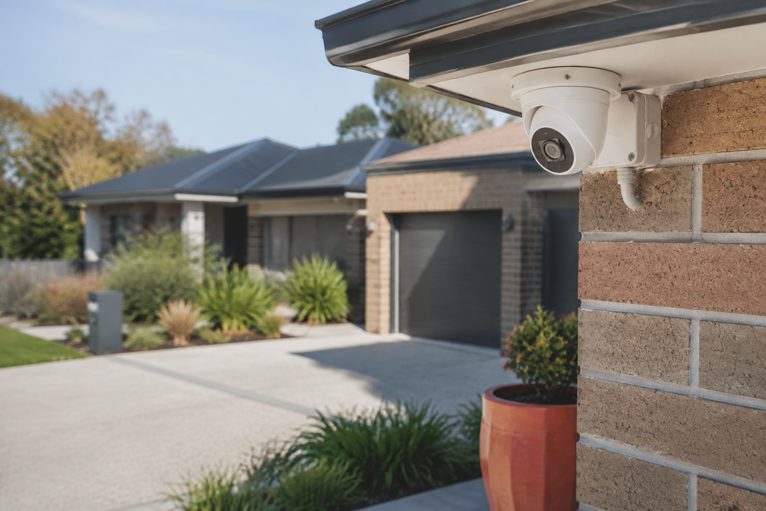 White turret security camera professionally installed beneath the eave of an Australian brick property
